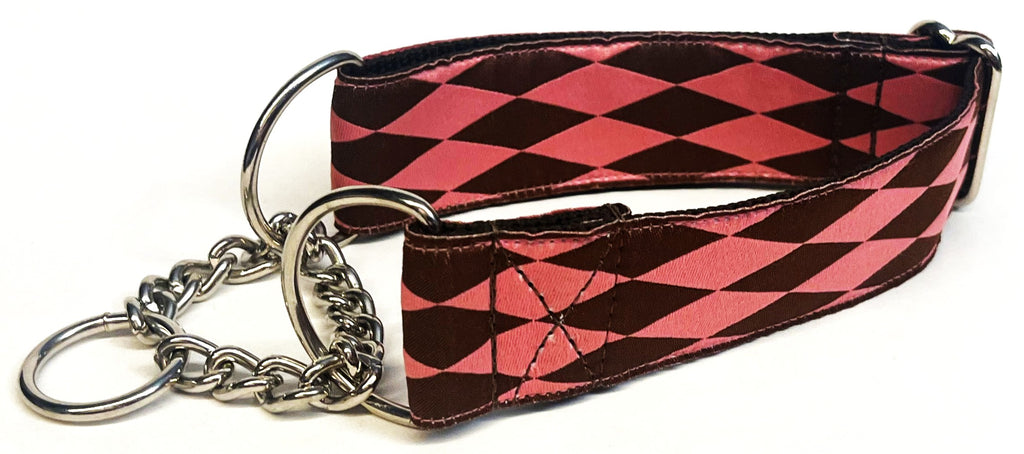 Pink with Brown Diamonds Chain Martingale Collar 1 1/2 in