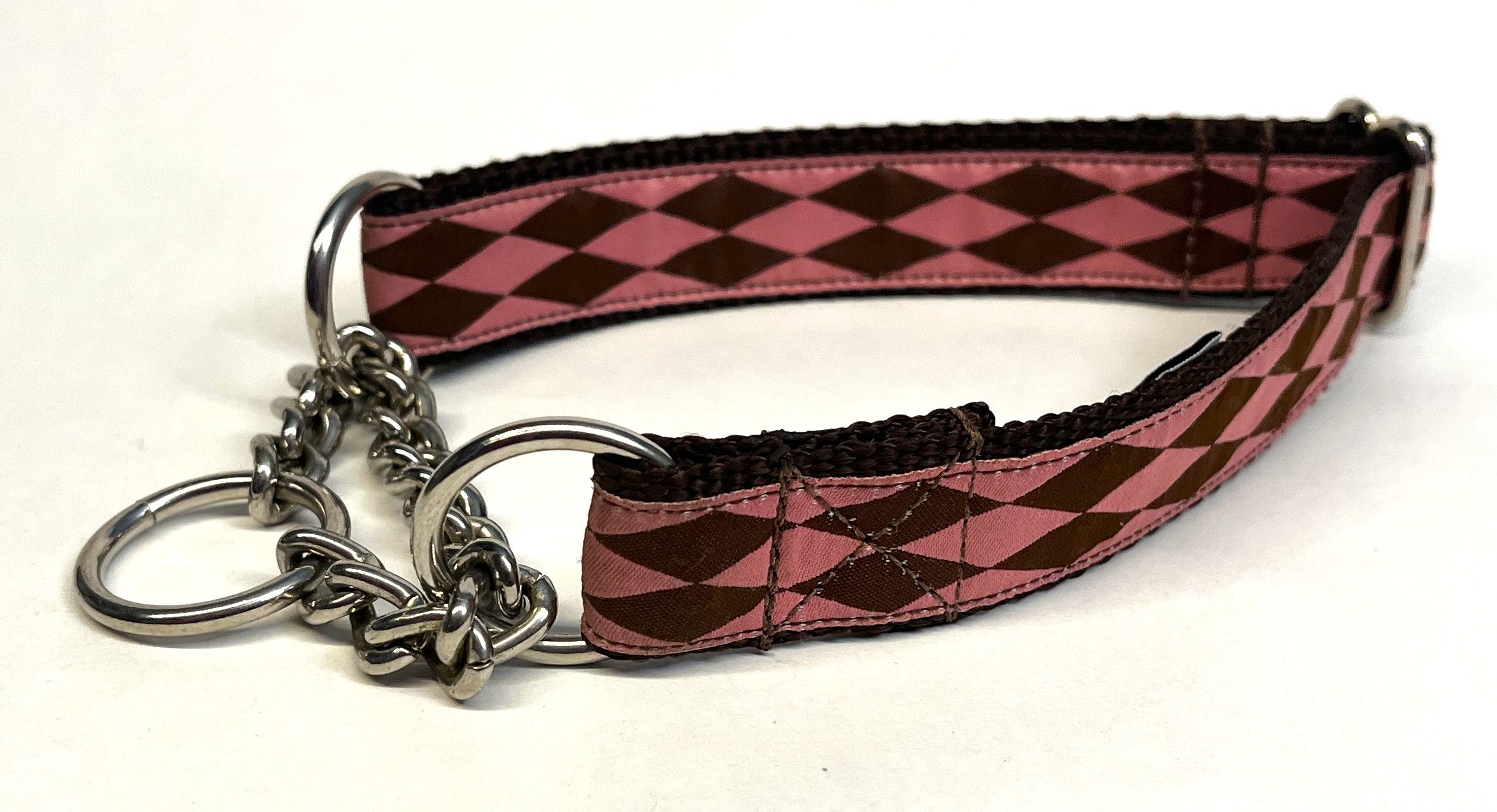 Pink with Brown Diamonds Chain Martingale Collar 1in