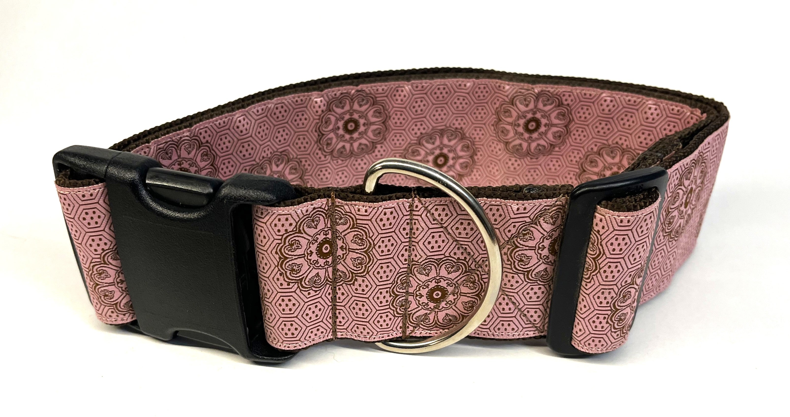 Pink with Brown Geometric and Flower Pattern Dog Collar 2in