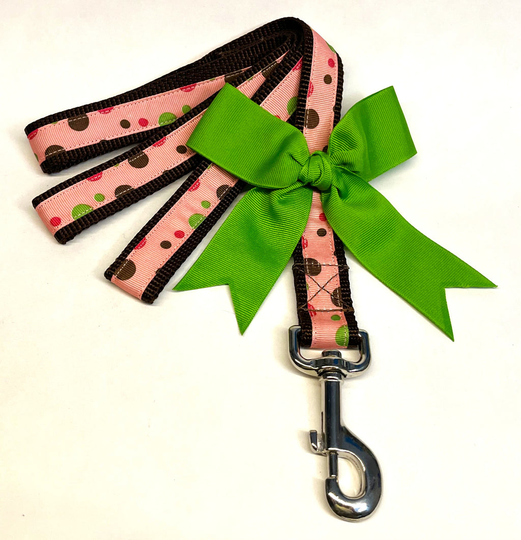 Pink with Brown, Pink, Green Bubble Dots Dog Leash 1in