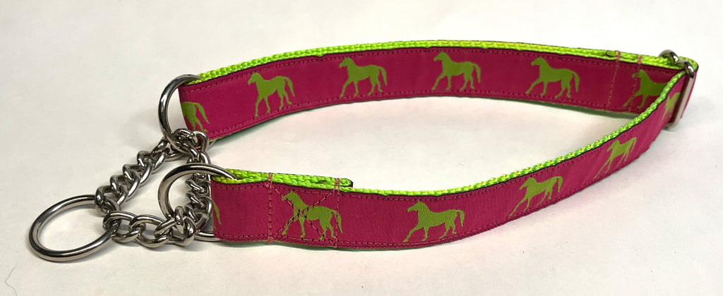 Pink with Green Horses Chain Martingale Collar 1in