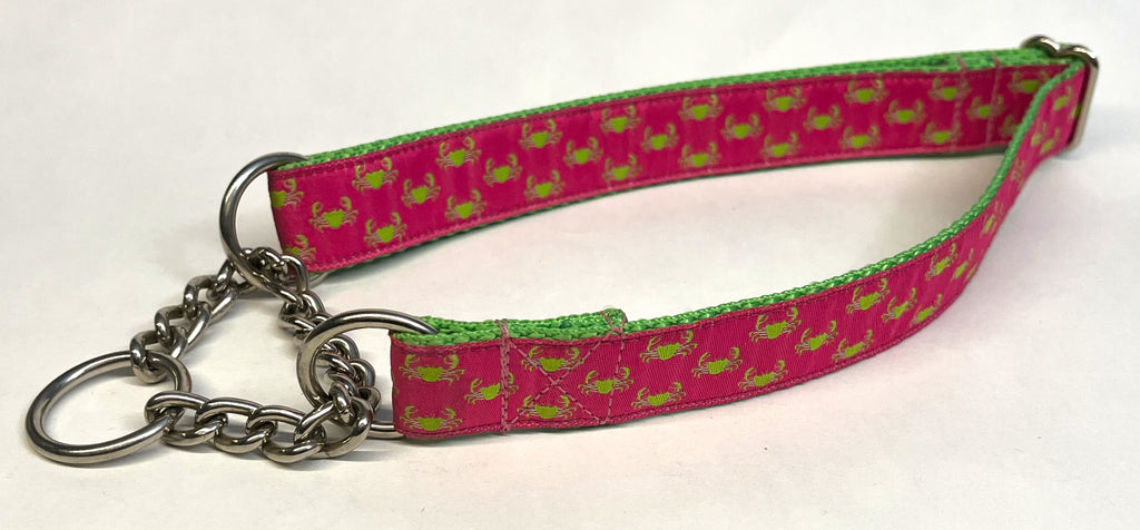 Pink with Green Little Crabs Chain Martingale Collar 1in