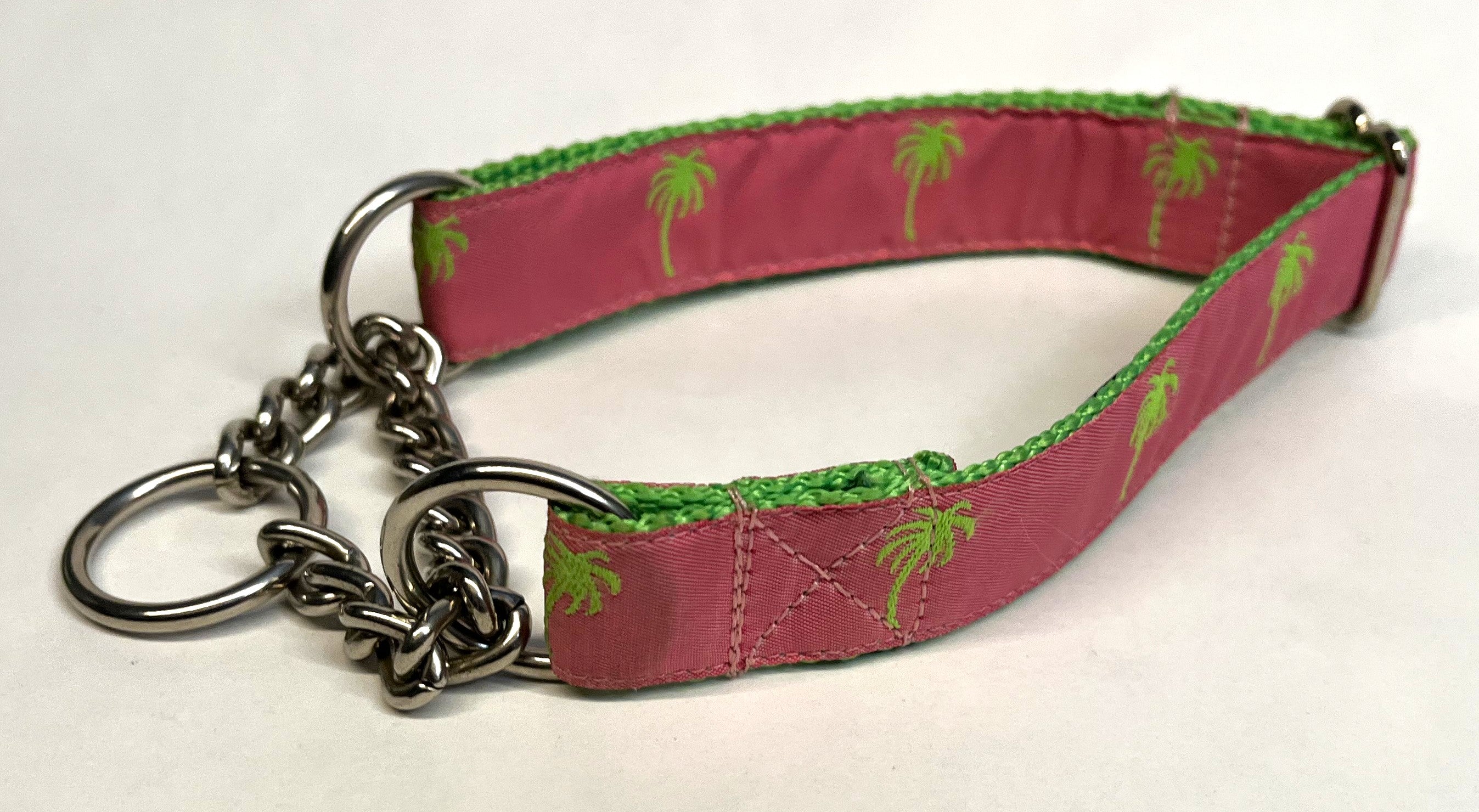 Pink with Green Palm Trees Chain Martingale Collar 1in