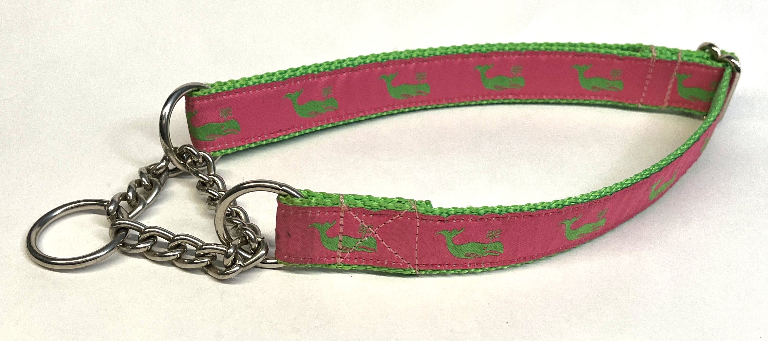 Pink with Green Whales Chain Martingale Collar 1in