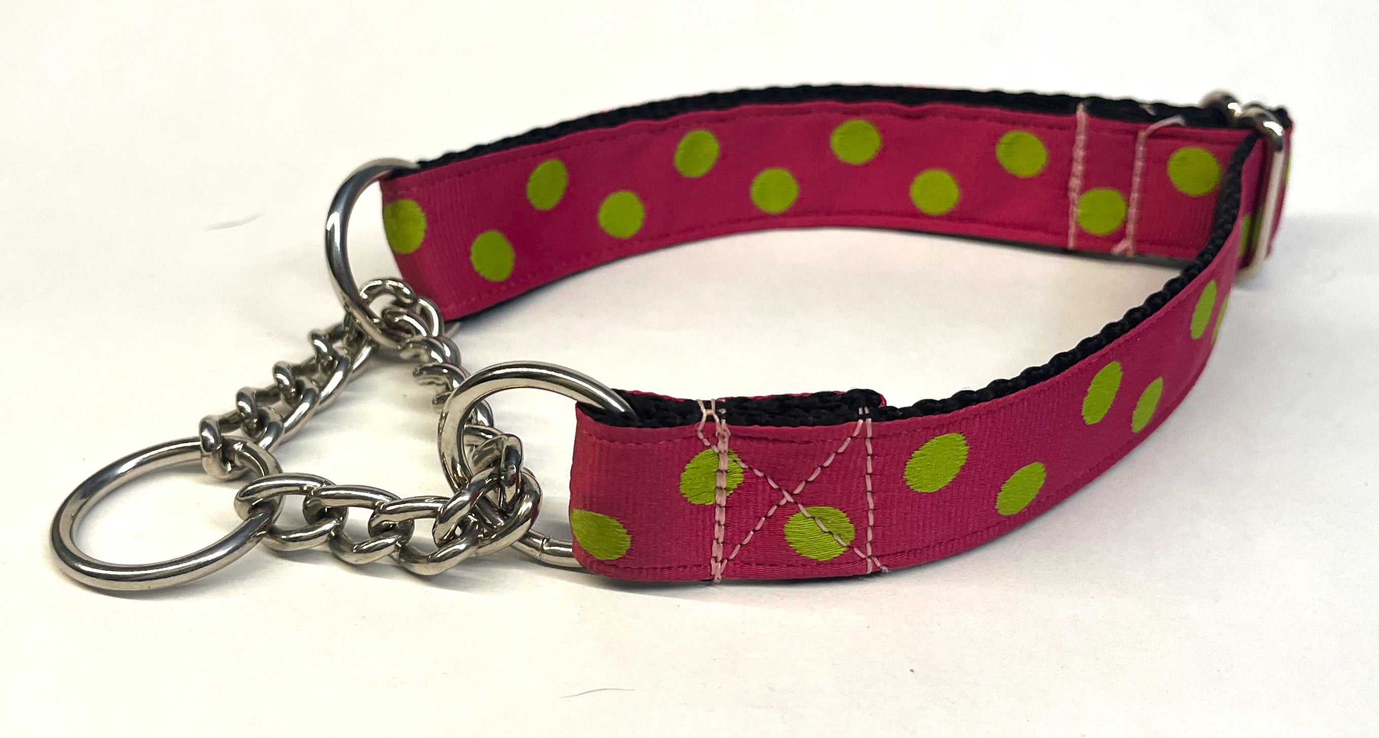 Pink with Lime Green Dots Chain Martingale Collar 1in