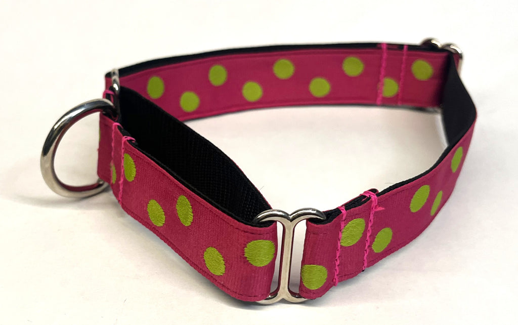 Pink with Lime Green Dots Martingale Collar 1in