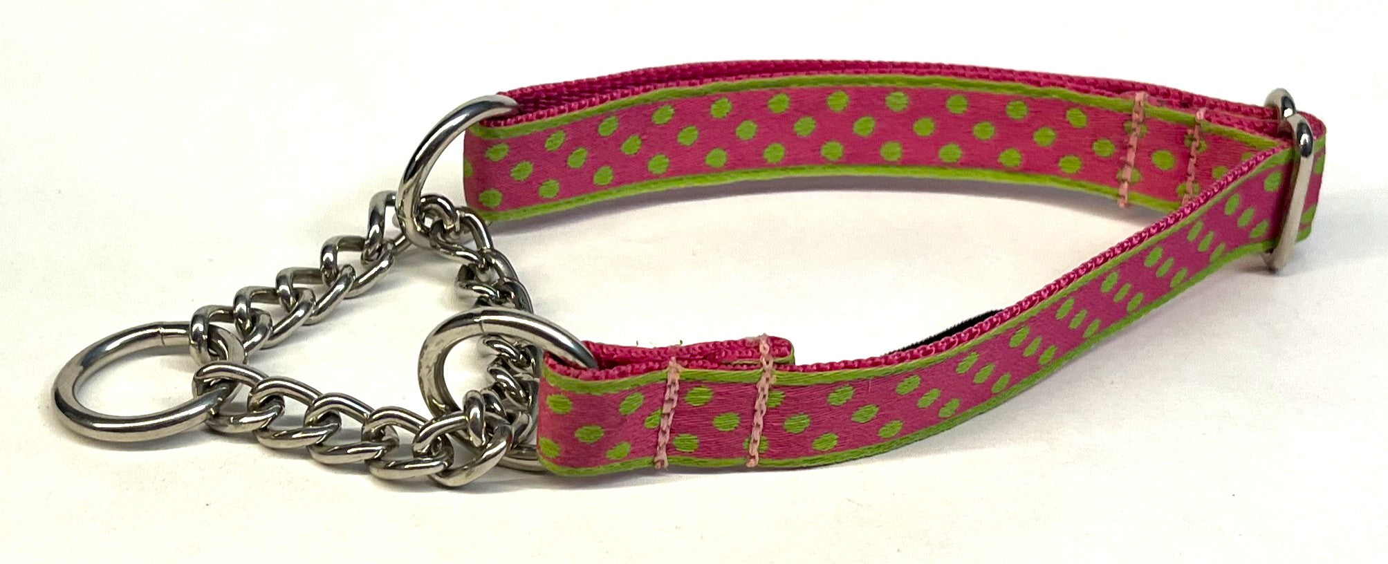 Pink with Lime Green Polka Dots Chain Martingale Collar 3/4