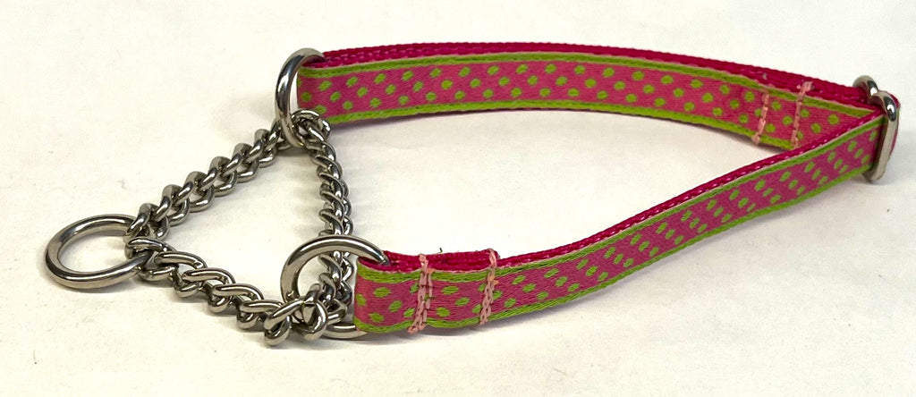 Pink with Lime Green Polka Dots Chain Martingale Collar 1/2