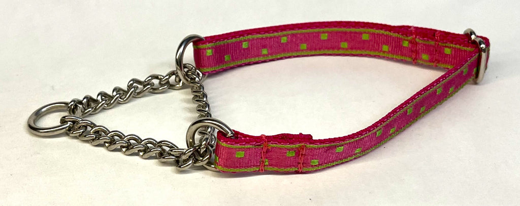 Pink with Lime Green Square Dots Chain Martingale Collar 1/2