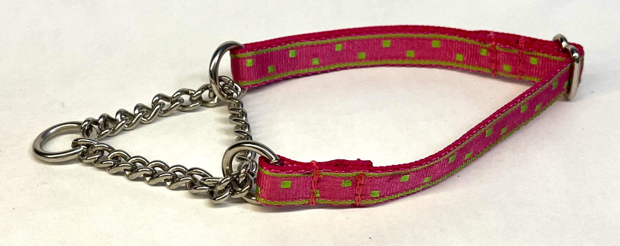 Pink with Lime Green Square Dots Chain Martingale Collar 1/2