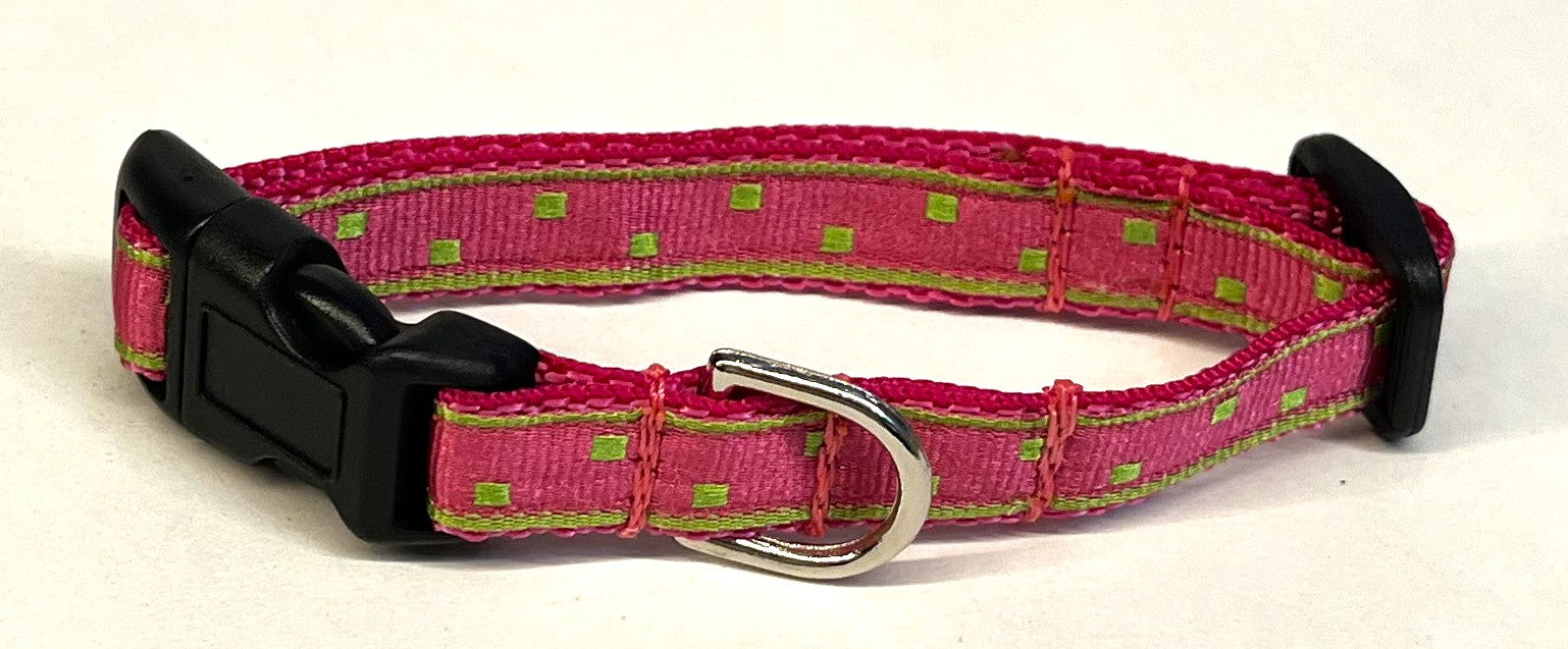 Pink with Lime Green Square Dots Dog Collar 1/2