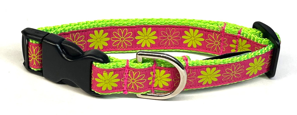 Pink with Lime Green Full and Outline Flowers Dog Collar 3/4