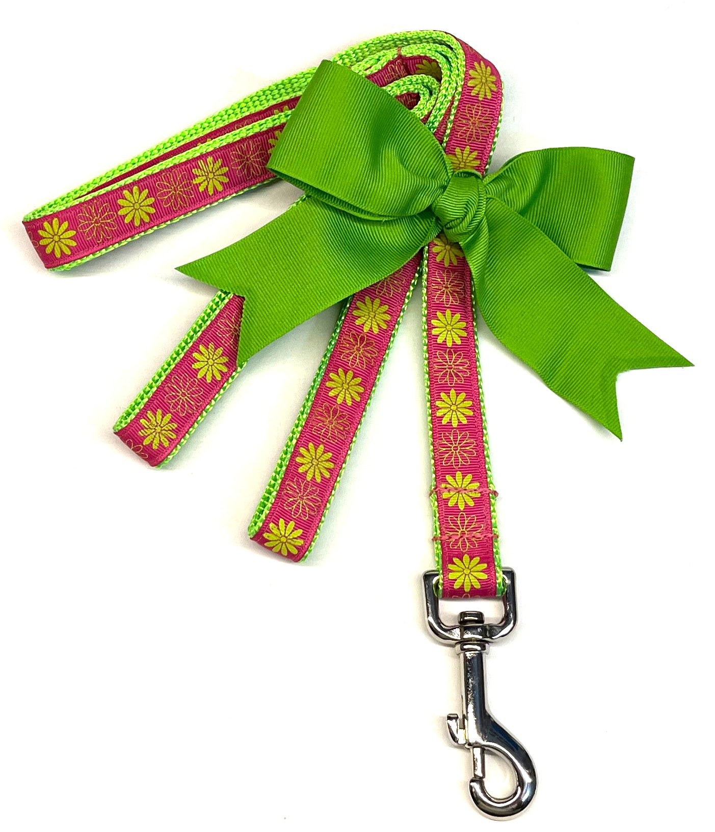 Pink with Lime Green Full and Outline Flowers Dog Leash 3/4