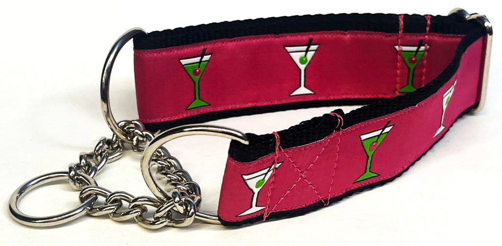 Pink with Martini Glasses Chain Martingale Collar 1 1/2 in
