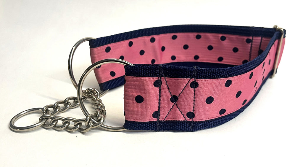 Pink with Navy Polka Dots Chain Martingale Collar 2in