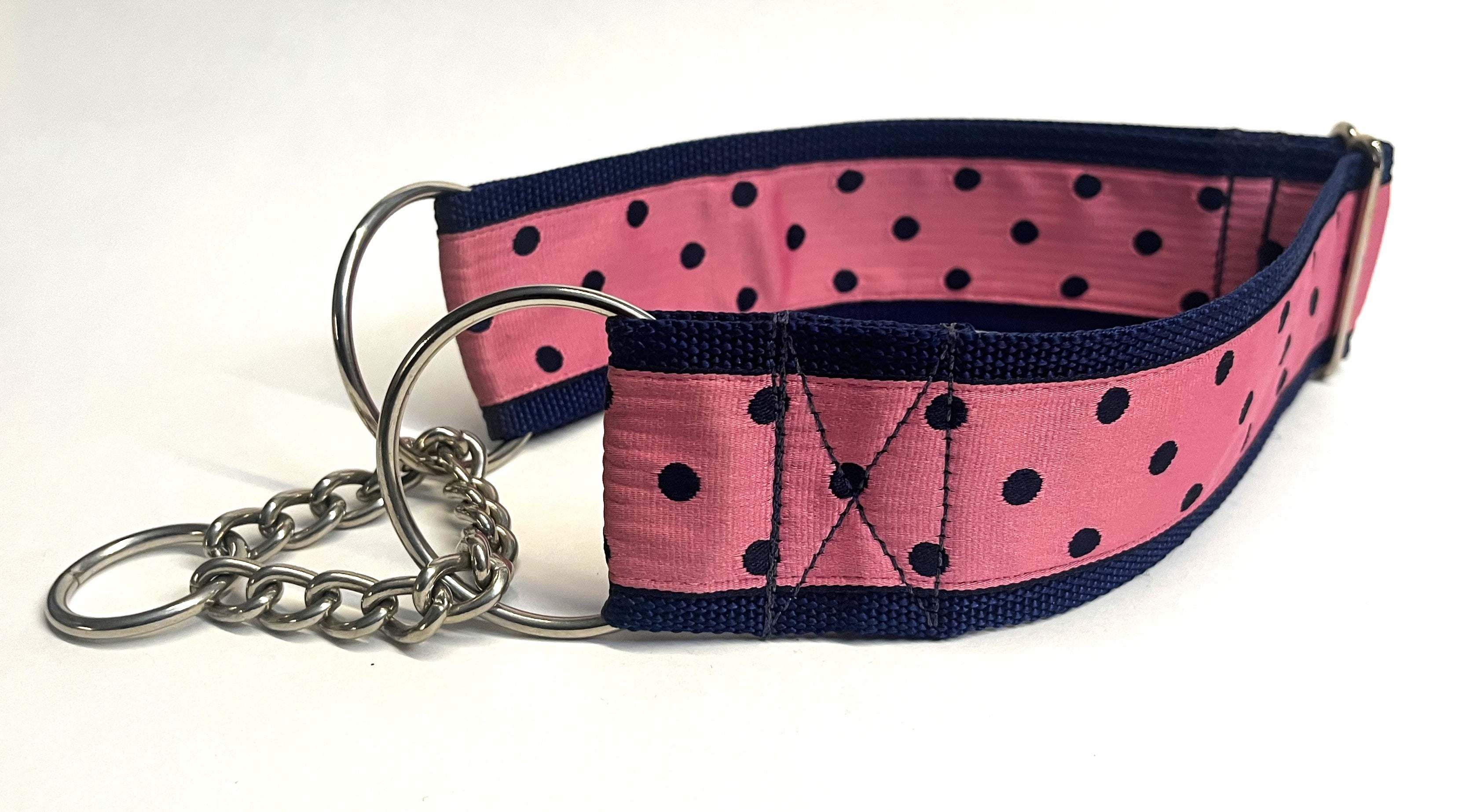 Pink with Navy Polka Dots Chain Martingale Collar 2in