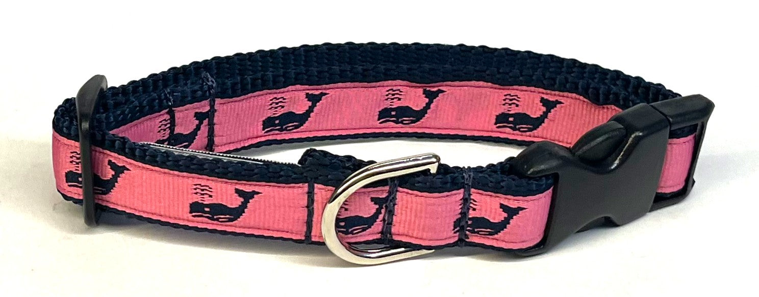 Pink with Navy Whales Dog Collar 3/4