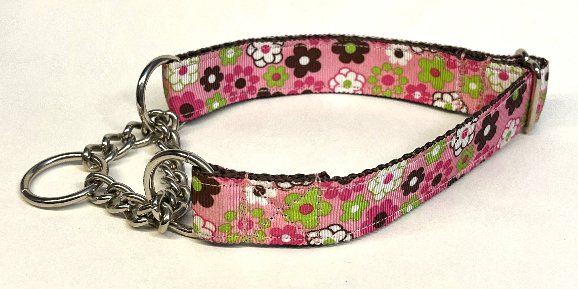 Pink with Pink, Green, White & Brown Flowers Chain Martingale Collar 1in