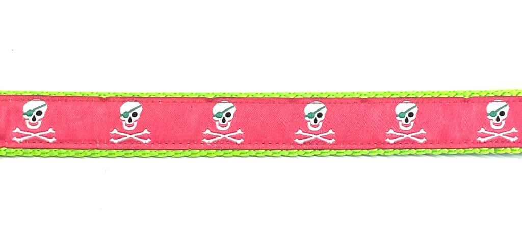 Pink with Pirate Skull and Cross Bones Dog Leash 3/4