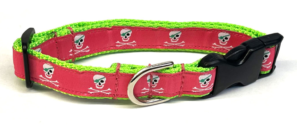 Pink with Pirate Skull and Cross Bones Dog Collar 3/4