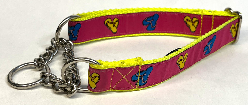 Pink with Yellow and Blue Flip Flops Chain Martingale Collar 1in