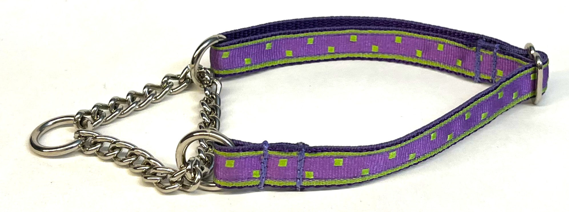 Purple with Lime Green Square Dots Chain Martingale Collar 1/2