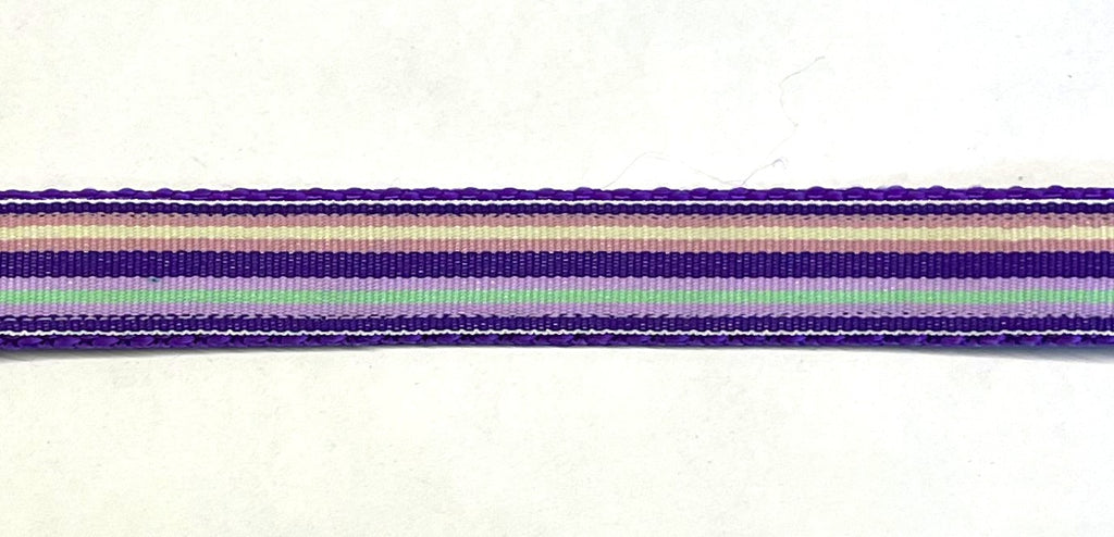 Purple, lavender, pink, white, and seafoam green stripe dog collar on purple webbing