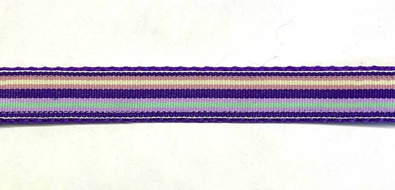 Purple, lavender, pink, white, and seafoam green stripe dog collar on purple webbing