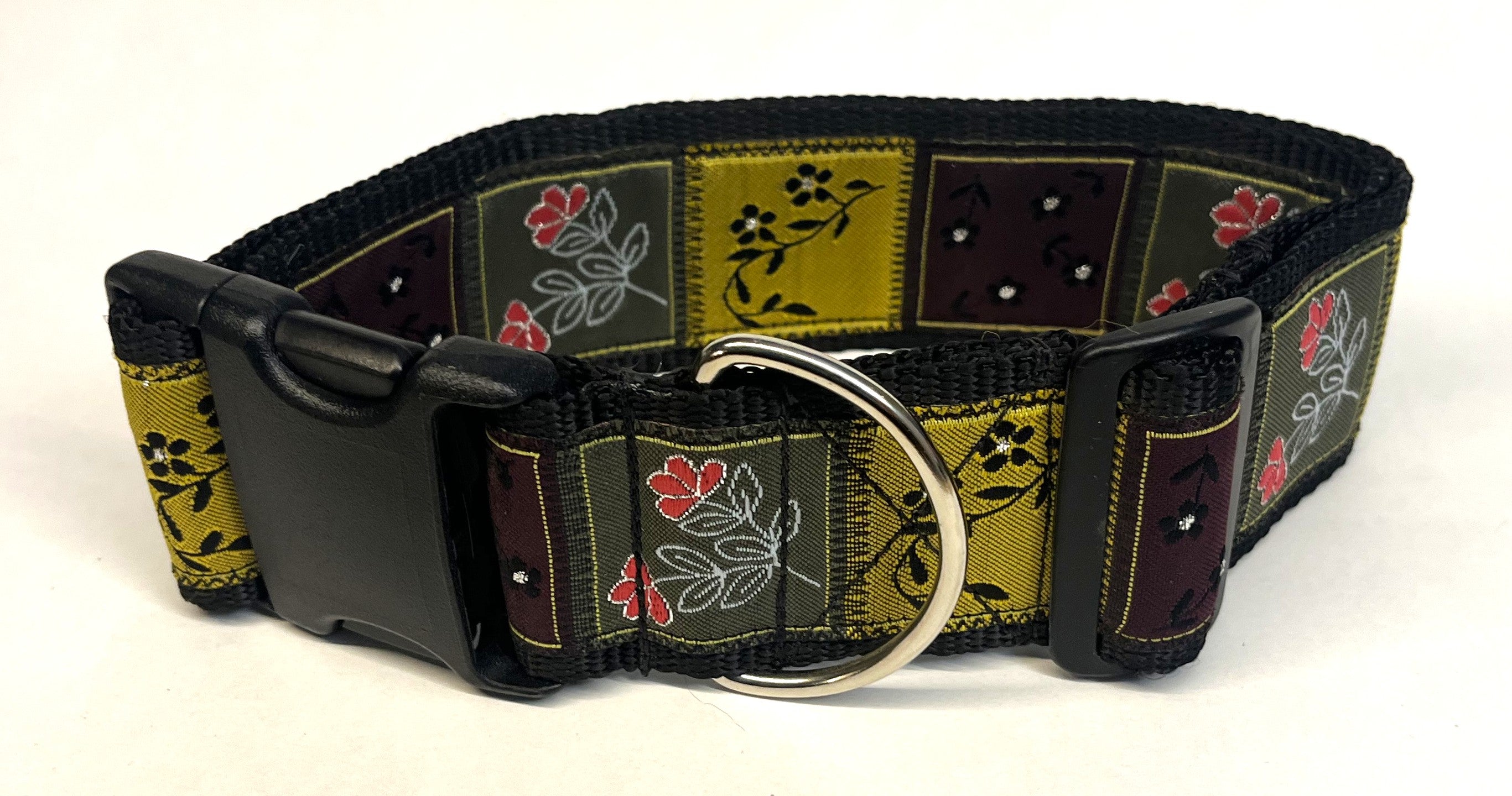 Purple and Olive Green Squares with Pink Black White Flowers Dog Collar 2in