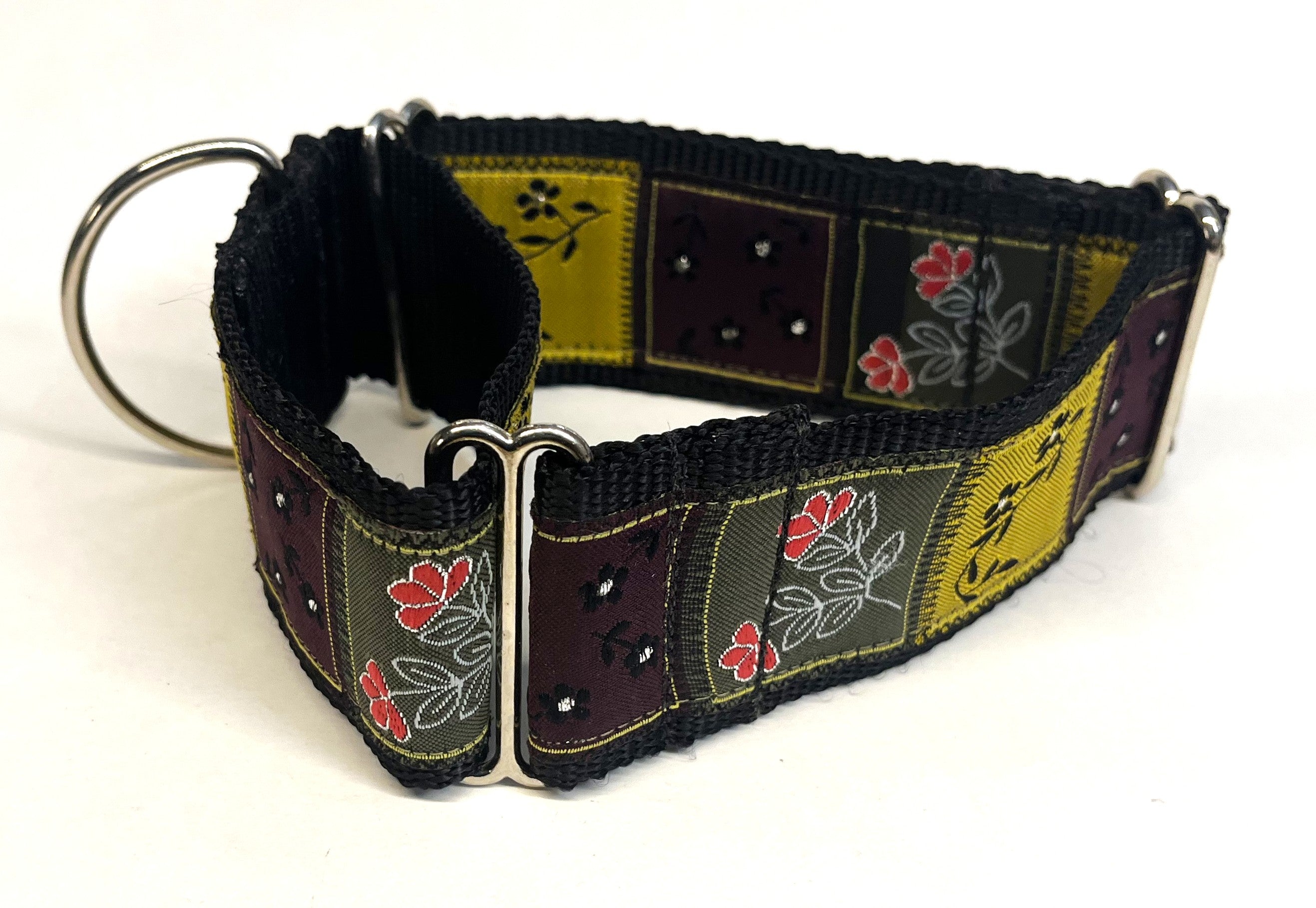 Purple and Olive Green Squares with Pink Black White Flowers Martingale Collar 2in