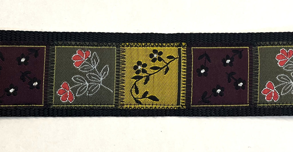 Purple and Olive Green Squares with Pink Black White Flowers Dog Collar 2in
