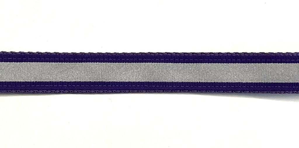 Purple reflector dog collar with silver reflective stripe on purple webbing