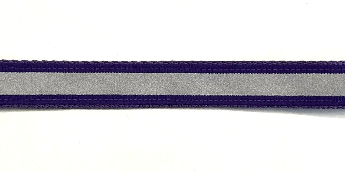 Purple reflector dog collar with silver reflective stripe on purple webbing