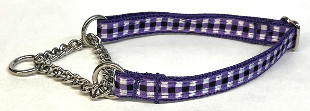 Purple, White, and Black Plaid Chain Martingale Collar 1/2