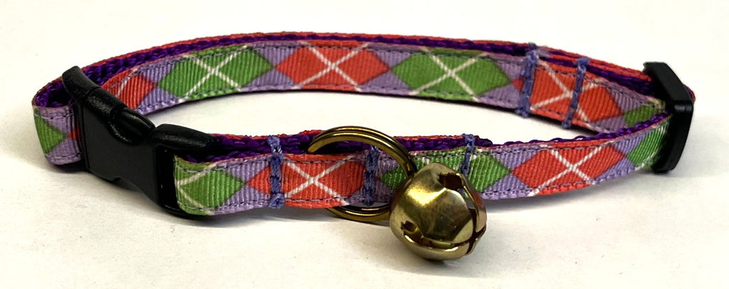 Purple with Green and Pink Argyle Design Cat Collar