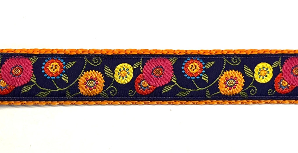 Purple with Pink, Orange, Yellow, Red, and Blue Flowers and Green Leaves Dog Collar 1in