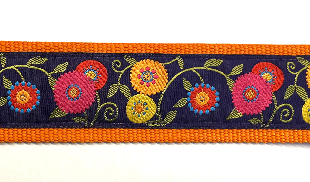 Purple with Pink, Orange, Yellow, Red, and Blue Flowers and Green Leaves Chain Martingale Collar 2in