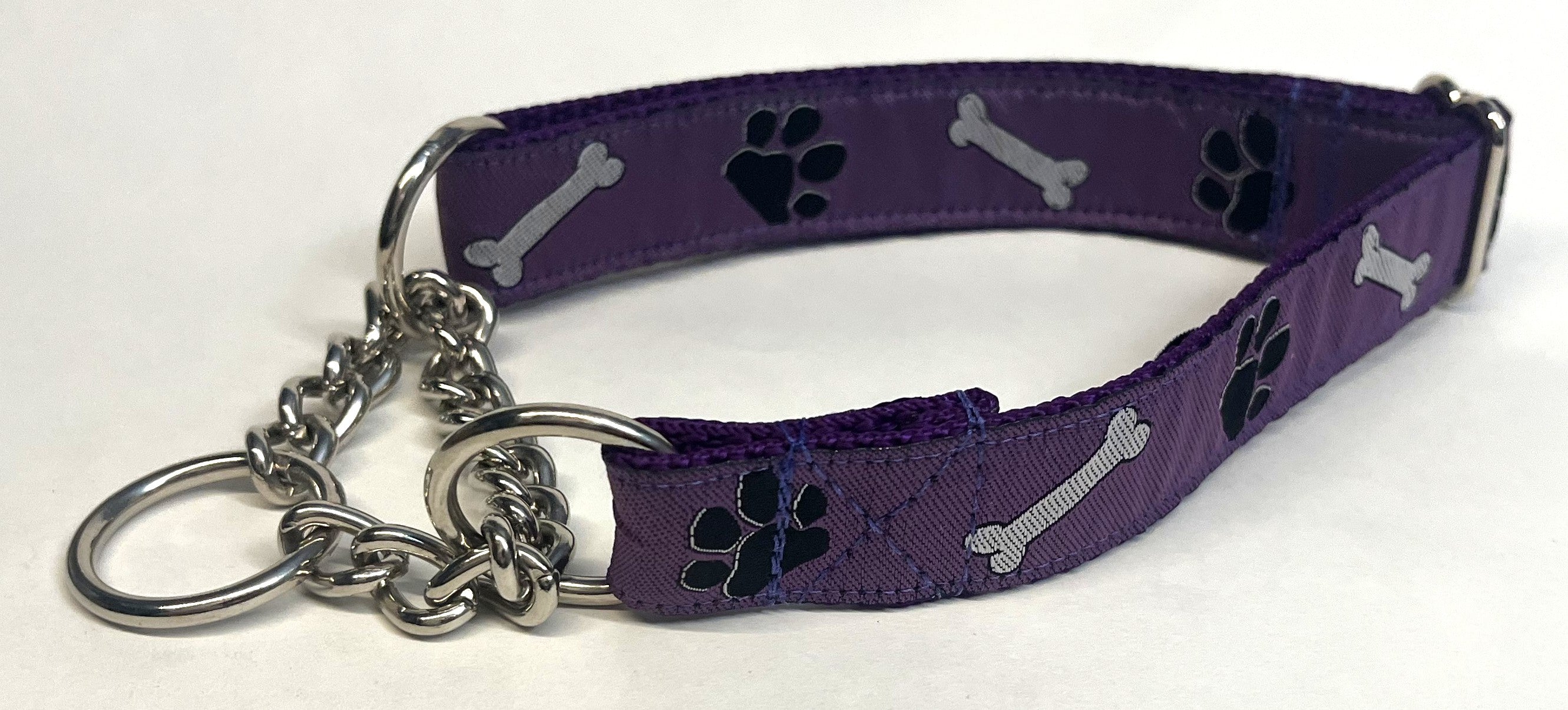 Purple with Bones and Paws Chain Martingale Collar 1in