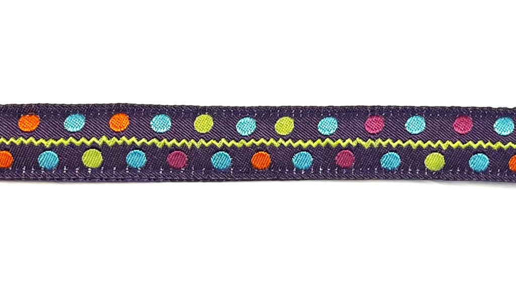 Purple with Green Zigzag and Blue, Green, Orange & Pink Dots Dog Leash 3/4