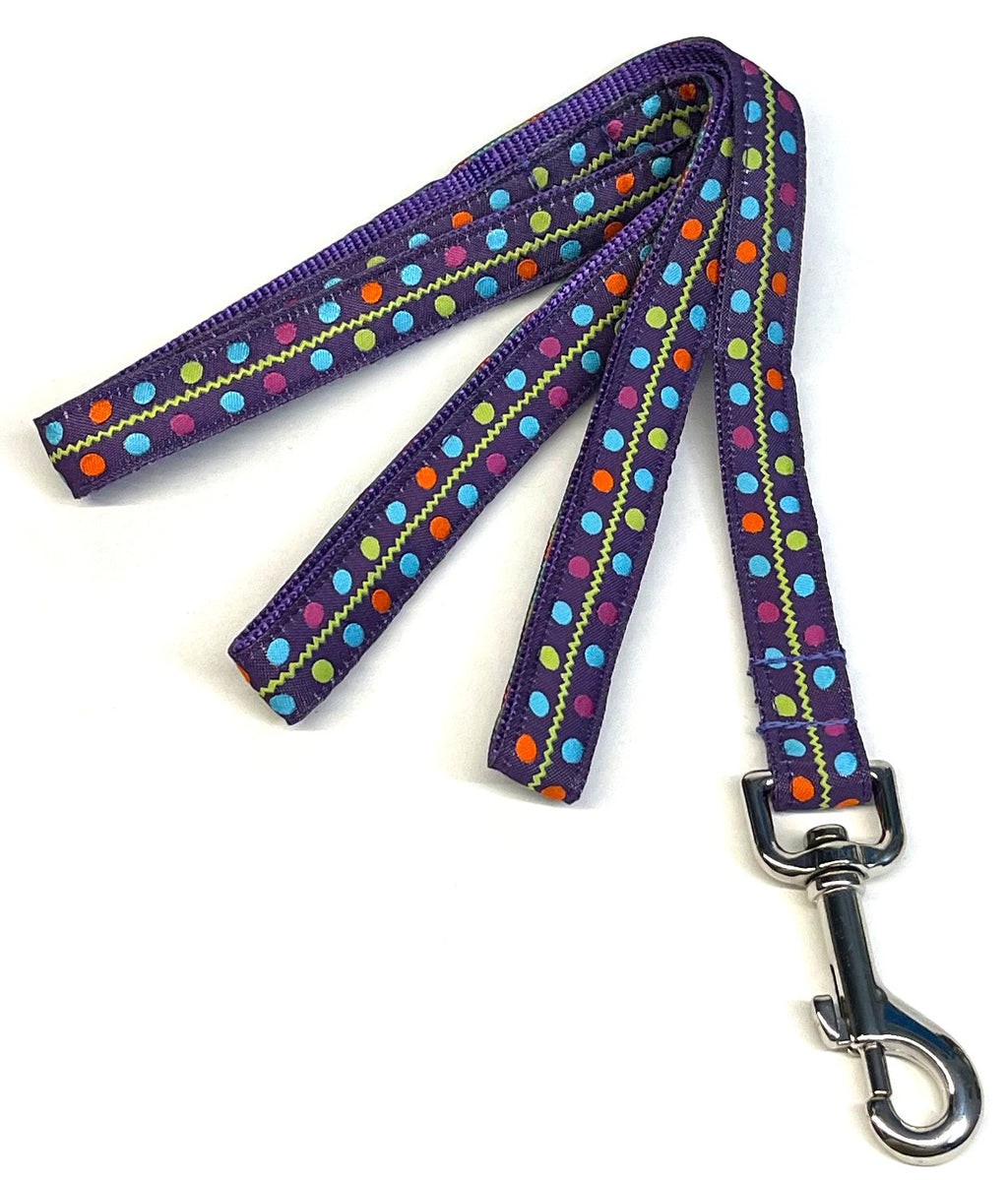 Purple with Green Zigzag and Blue, Green, Orange & Pink Dots Dog Leash 3/4