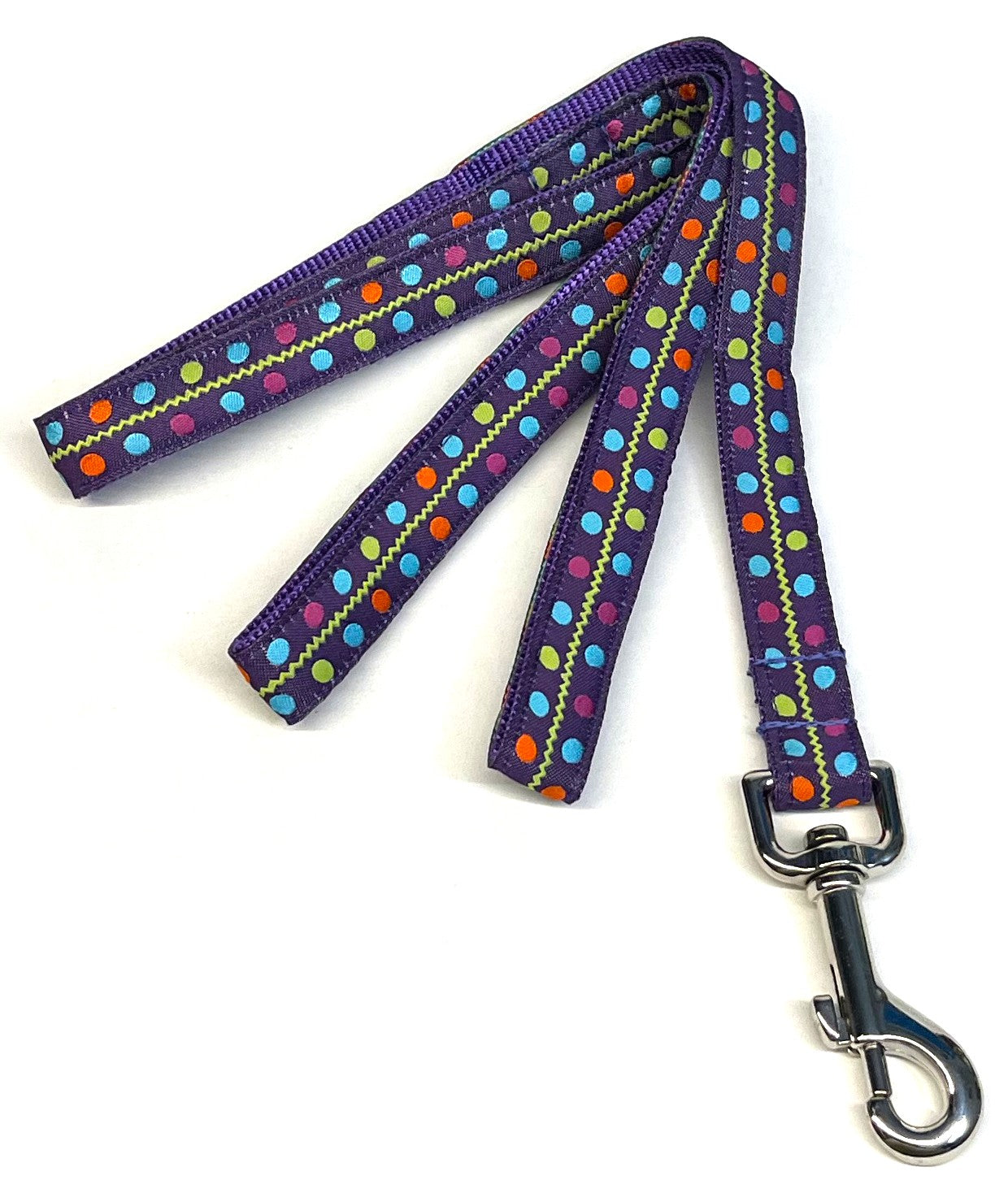 Purple with Green Zigzag and Blue, Green, Orange & Pink Dots Dog Leash 3/4