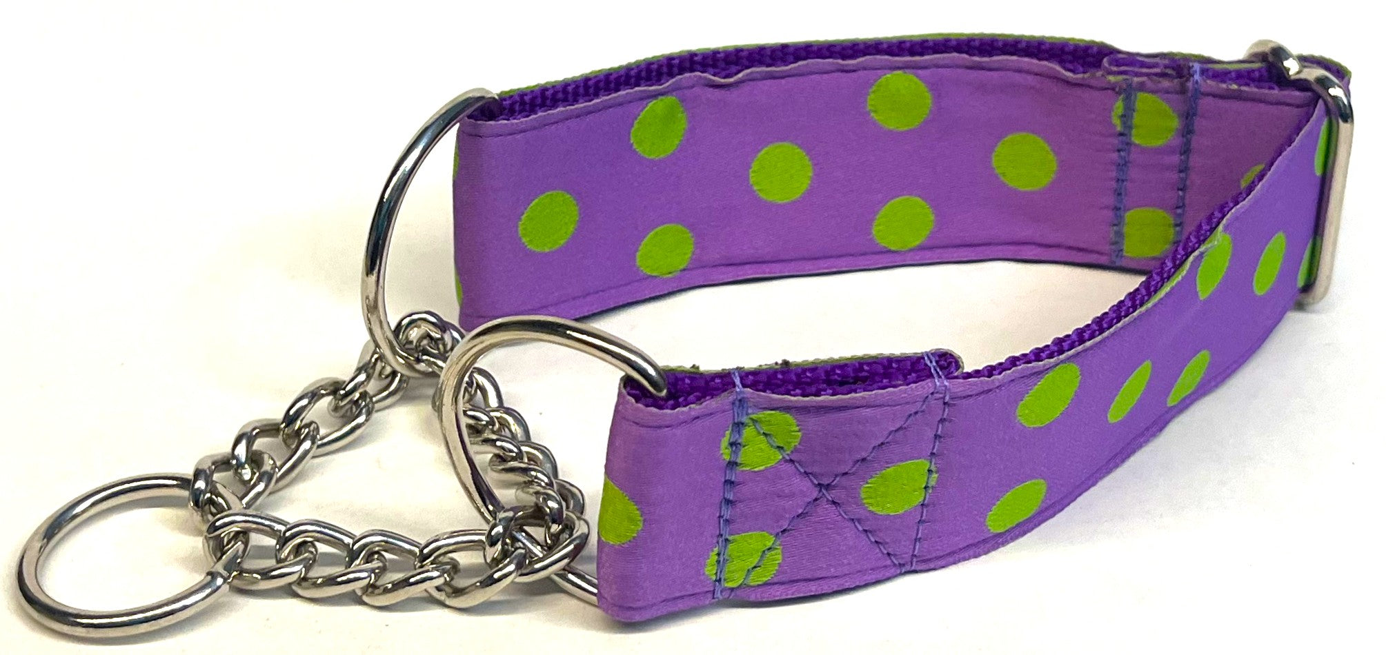 Purple with Lime Green Dots Chain Martingale Collar 1 1/2 in