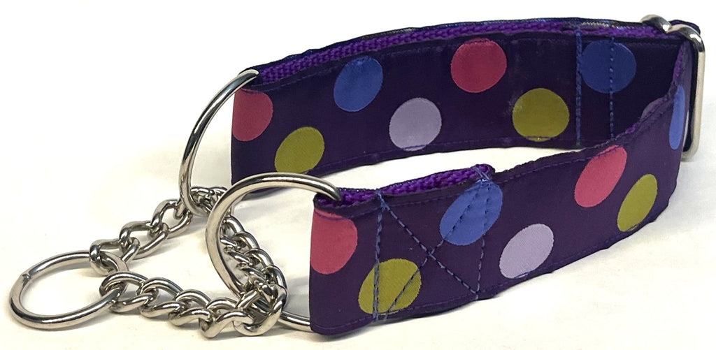 Purple with Pink, Green, Blue, and Lavender Dots Chain Martingale Collar 1 1/2 in
