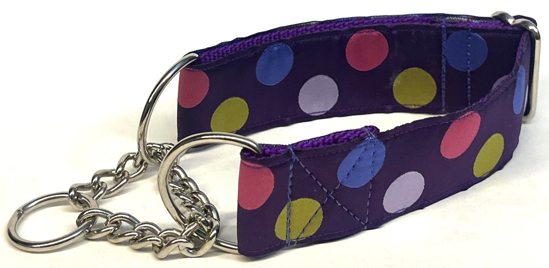 Purple with Pink, Green, Blue, and Lavender Dots Chain Martingale Collar 1 1/2 in