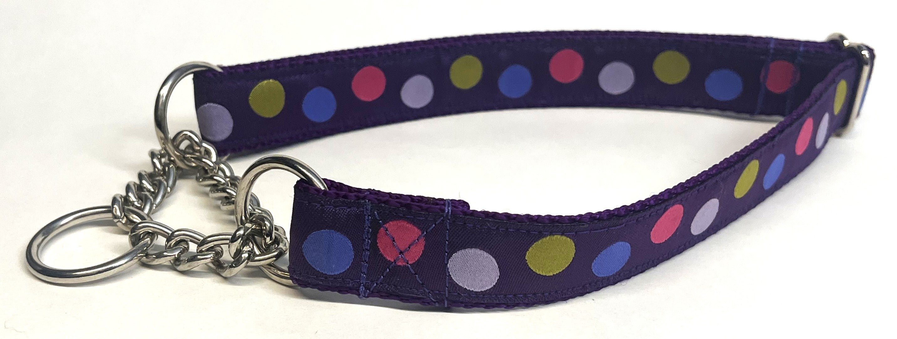 Purple with Pink, Green, Blue, and Lavender Dots Chain Martingale Collar 1in