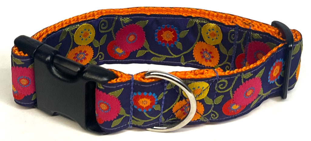 Purple with Pink, Orange, Yellow, Red, and Blue Flowers and Green Leaves Dog Collar 1 1/2 in