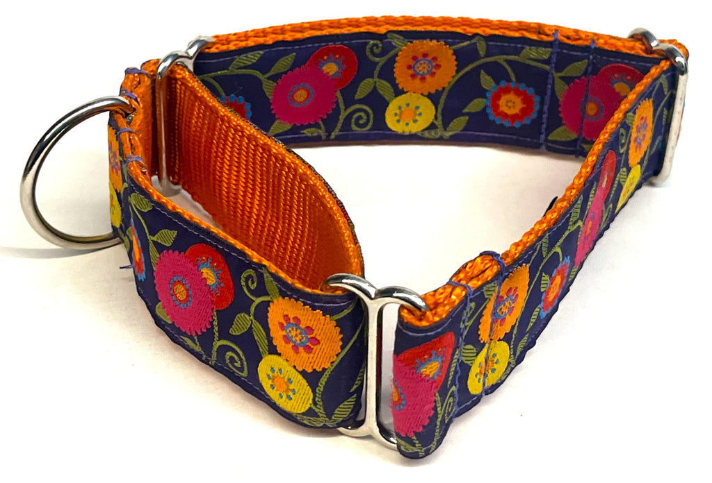 Purple with Pink, Orange, Yellow, Red, and Blue Flowers and Green Leaves Martingale Collar 1 1/2 in