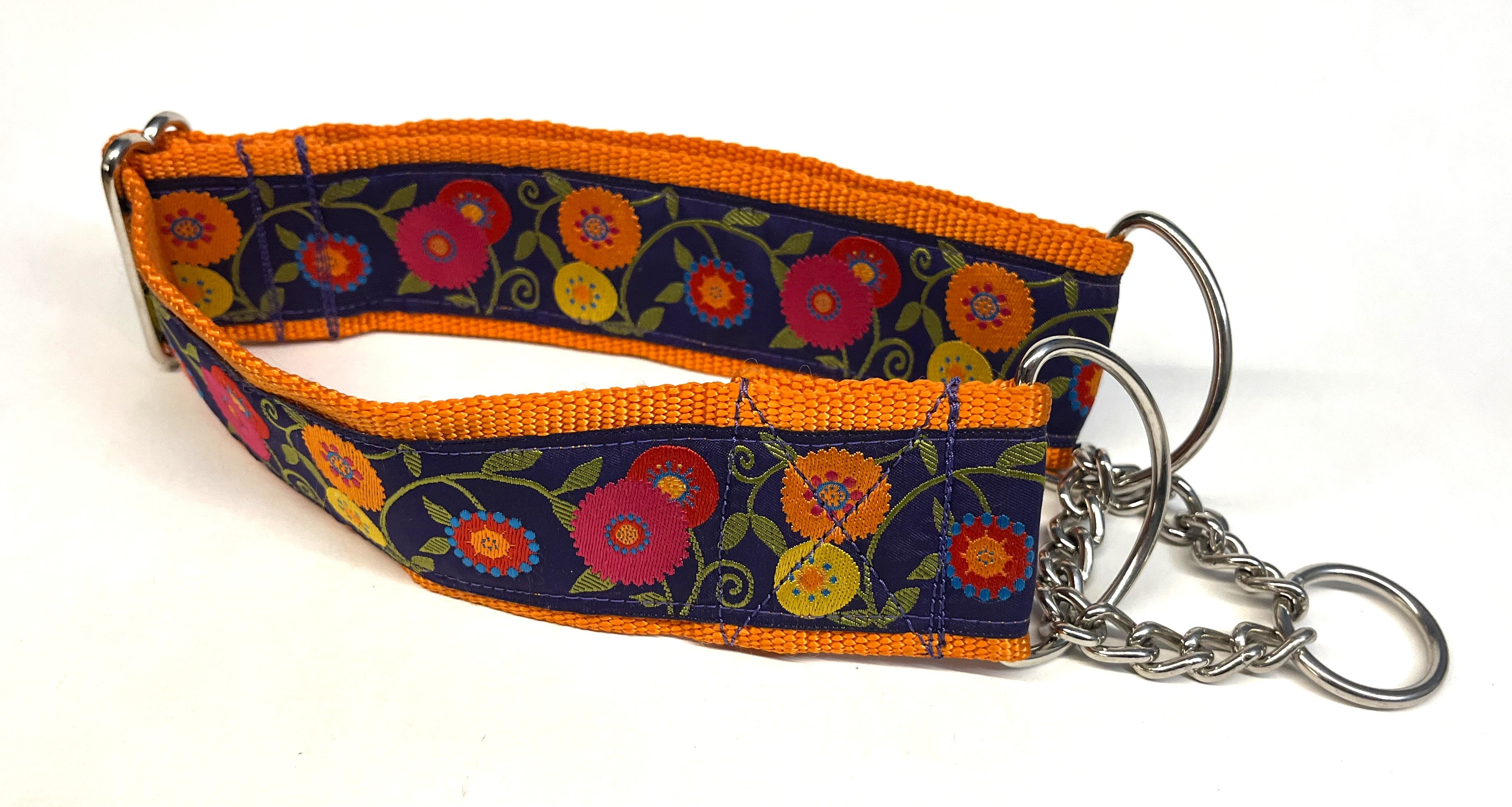 Purple with Pink, Orange, Yellow, Red, and Blue Flowers and Green Leaves Chain Martingale Collar 2in