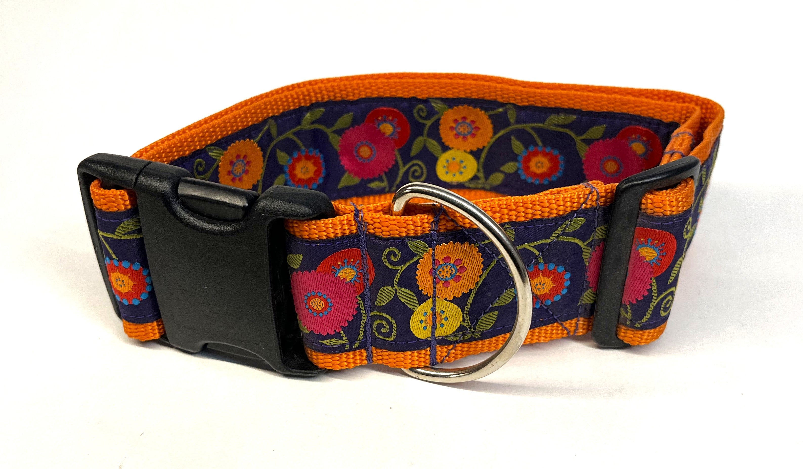 Purple with Pink, Orange, Yellow, Red, and Blue Flowers and Green Leaves Dog Collar 2in