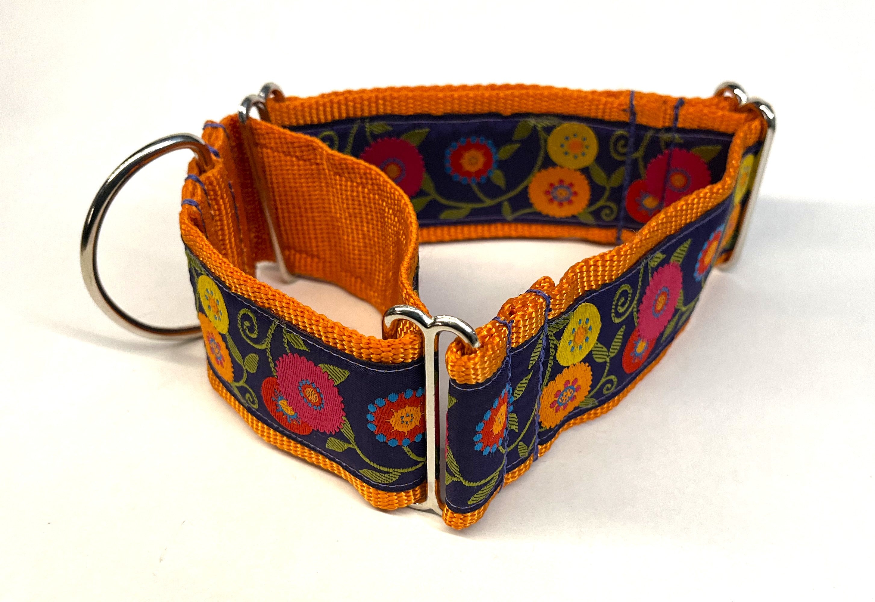 Purple with Pink, Orange, Yellow, Red, and Blue Flowers and Green Leaves Martingale Collar 2in